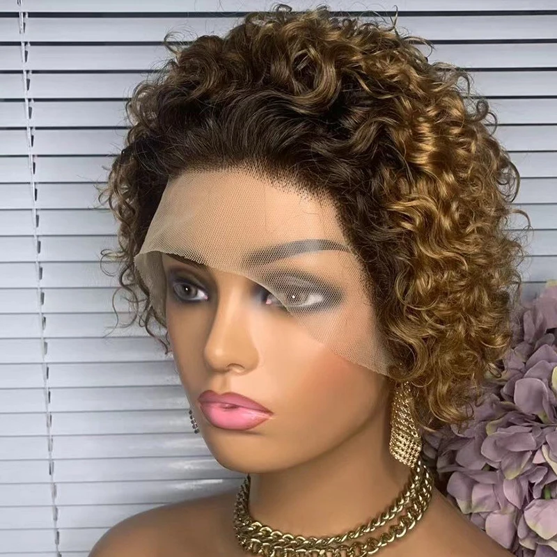 

Short Deep Curly Pixie Cut Wig Pre Plucked 13x1 Lace Front Human Hair Wigs For Women 99J 1B/27 Peruvian Remy Water Wave Bob Wig