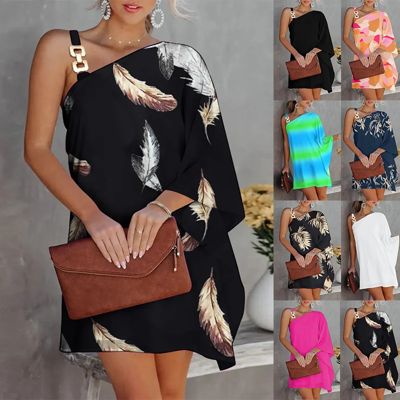

Women's Sexy Inclined Shoulder Straps Dresses Summer Loose Batwing Sleeve Mini Dress Ladies Casual Fashion Beach Party Dresses