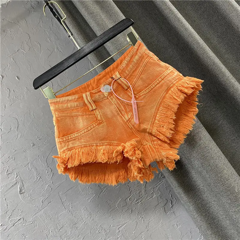 Shorts women's summer orange super fried street style denim shorts summer dress large size new Korean  long  denim jeans