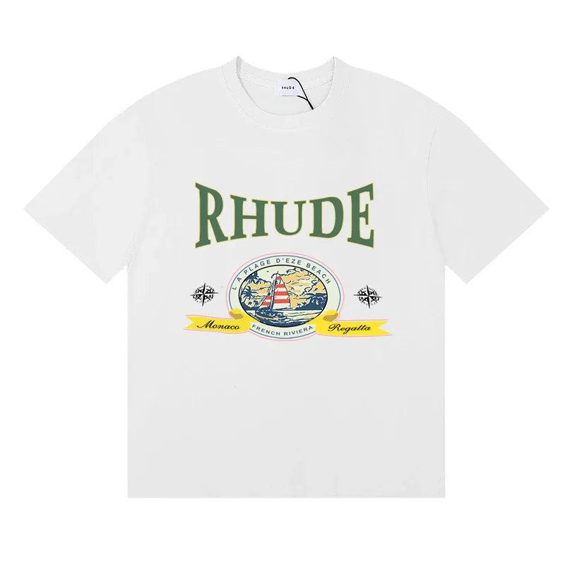 Фото Футболка Rhude, высококачественная повседневная мужская одежда с коротким рукавом и принтом логотипа, футболки в уличном стиле №5