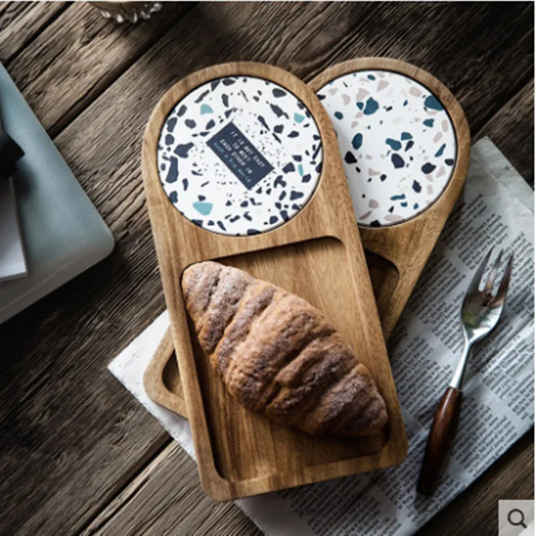 Japanese Style Wood Coaster Dim Sum Plate Breakfast Terrazzo Coaster Coffee Dessert Bread Disk