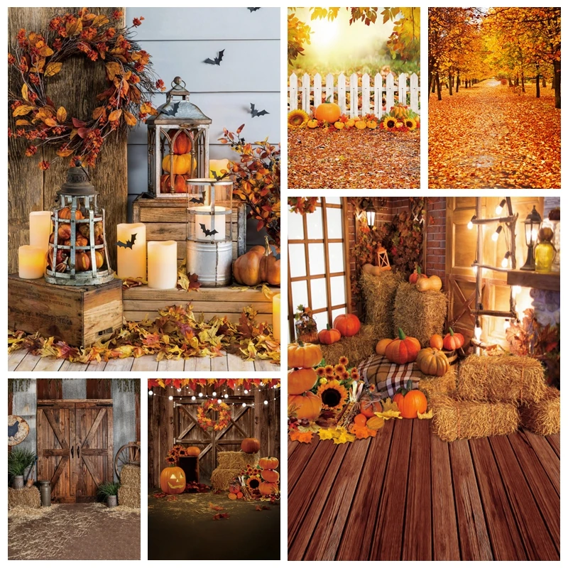 

Autumn Baby Portrait Photography Backdrop Barn Pumpkin Flowers Forest Scene Photographic Background Kids Photo Studio Photozone