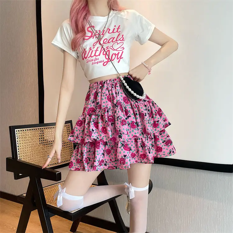 Floral Cake Skirt 2023 Summer New High Waist Slim Black Mini Skirt A-line Casual Chiffon Korean Elastic Waist Cute Short Skirt