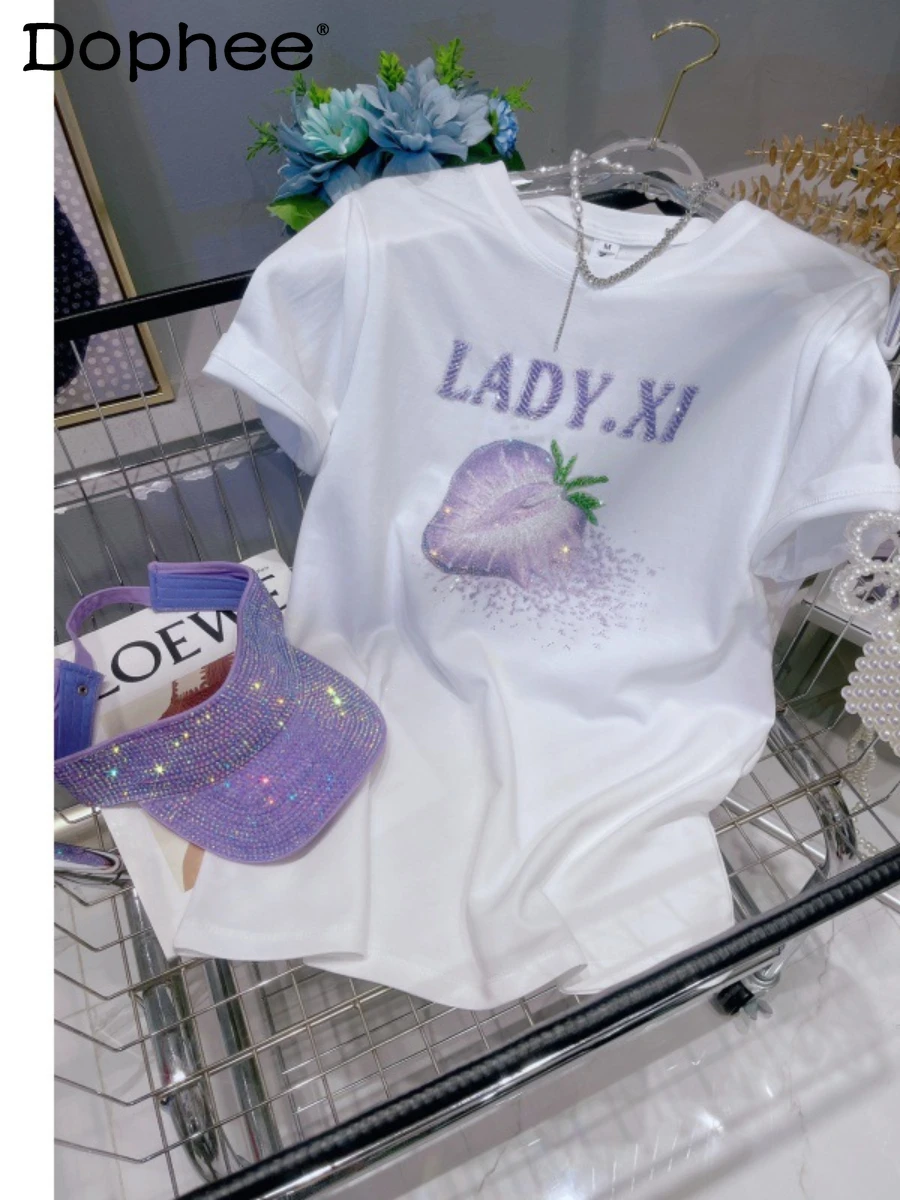 

Chic Beaded Strawberry Printed White T-shirt Cotton Loose Leisure Slimming Short-Sleeved T Shirt 2022 Summer New Women's Clothes