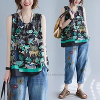 2022 flower print qipao bohemian ethnic style vests casual tang suit sleeveless vintage outwear ladies chinese clothing top