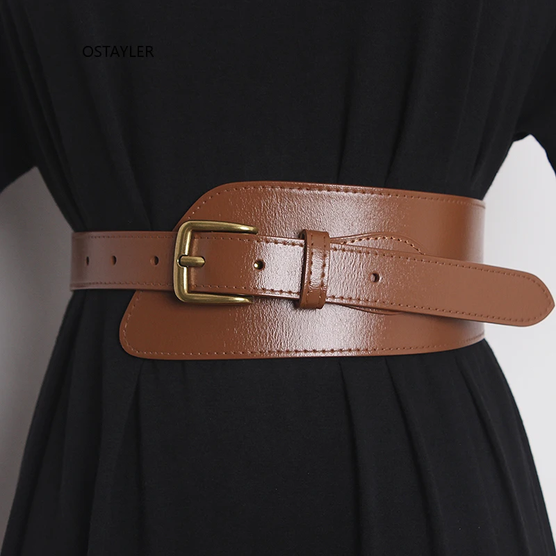 European Women Genuine Leather Waist Belt Irregular Coffee Khaki Cowhide Dress Corset Strap Cinture Female Shirt Waistband 2022