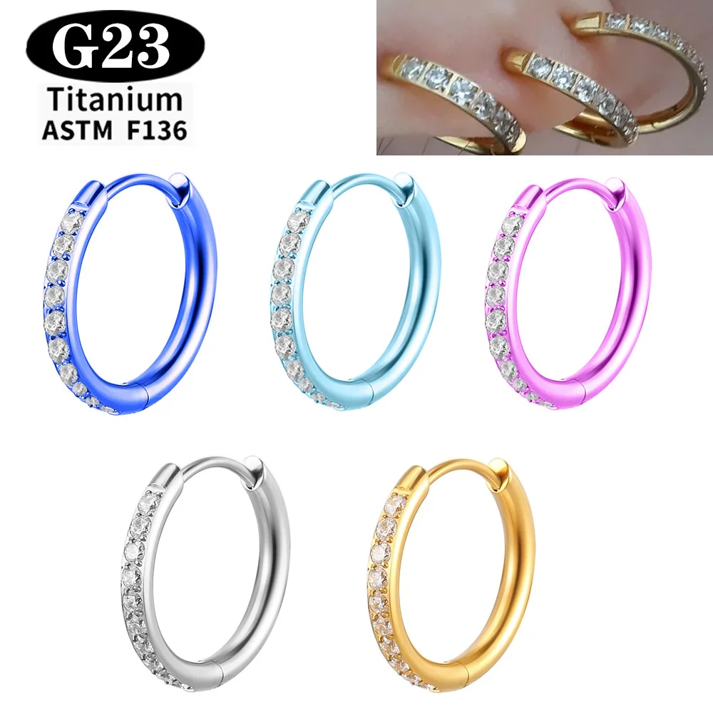 Фото Титановое кольцо ASTM F136 G23 с фианитом, шарнирное, круглое, для пирсинга носа, анодированное, для пирсинга уха (хеликс), качественный обруч №2