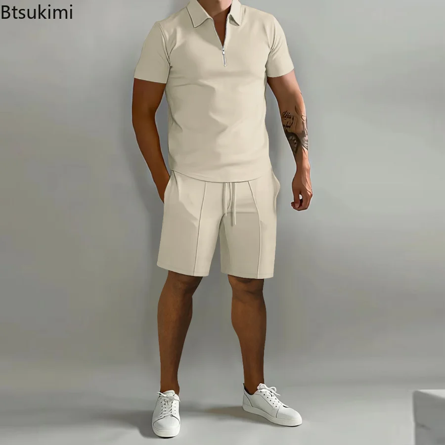 New Summer Men's POLO Shirt 2-piece Suit Casual Solid Color T-shirt and Shorts Sleeve Lapel Tops And Shorts Men Sports Clothing