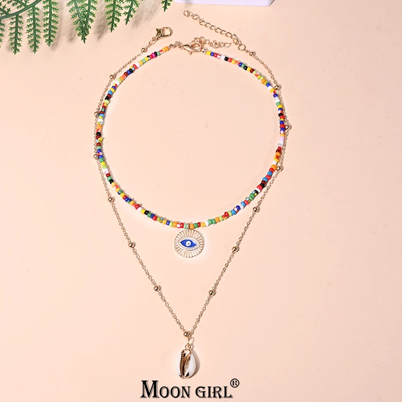 

2 Pieces Multicolour Small Beads Heart Multilayer Choker Shell Pendant Necklace For Women MOON GIRL Design Jewelry