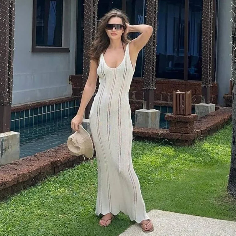 Женское вязаное пляжное платье-макси с открытой спиной и V-образным вырезом