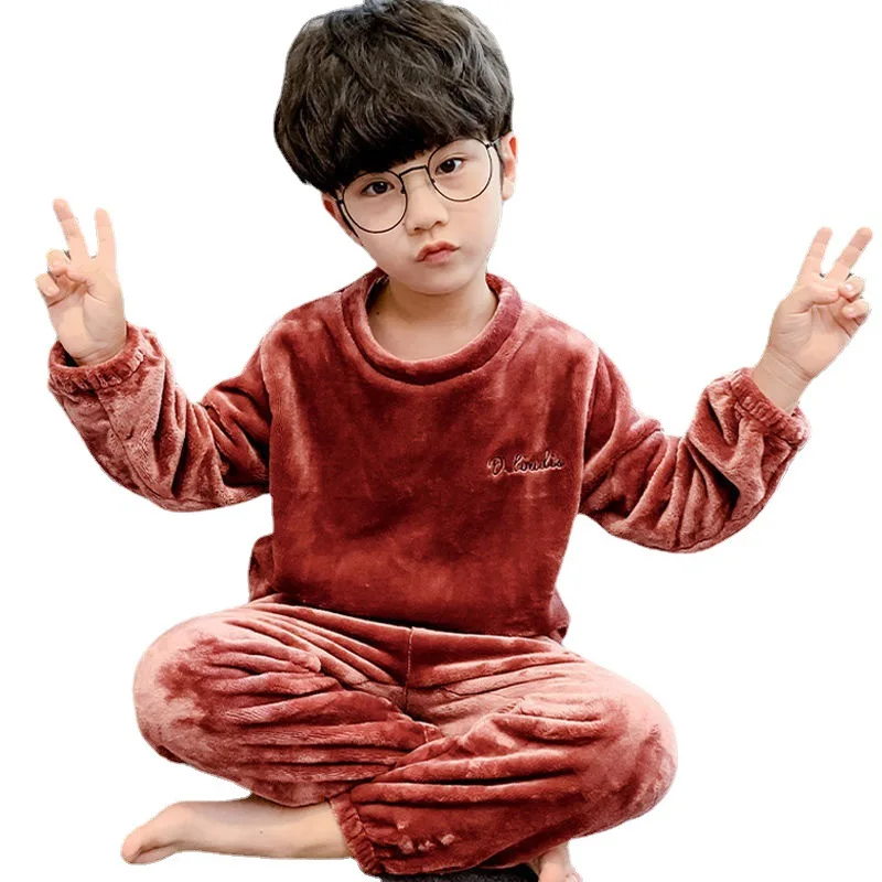 

Зимние пижамные комплекты для мальчиков и девочек, детский утепленный пуловер из кораллового флиса и штаны, 2 шт., наряды, детская теплая одежда