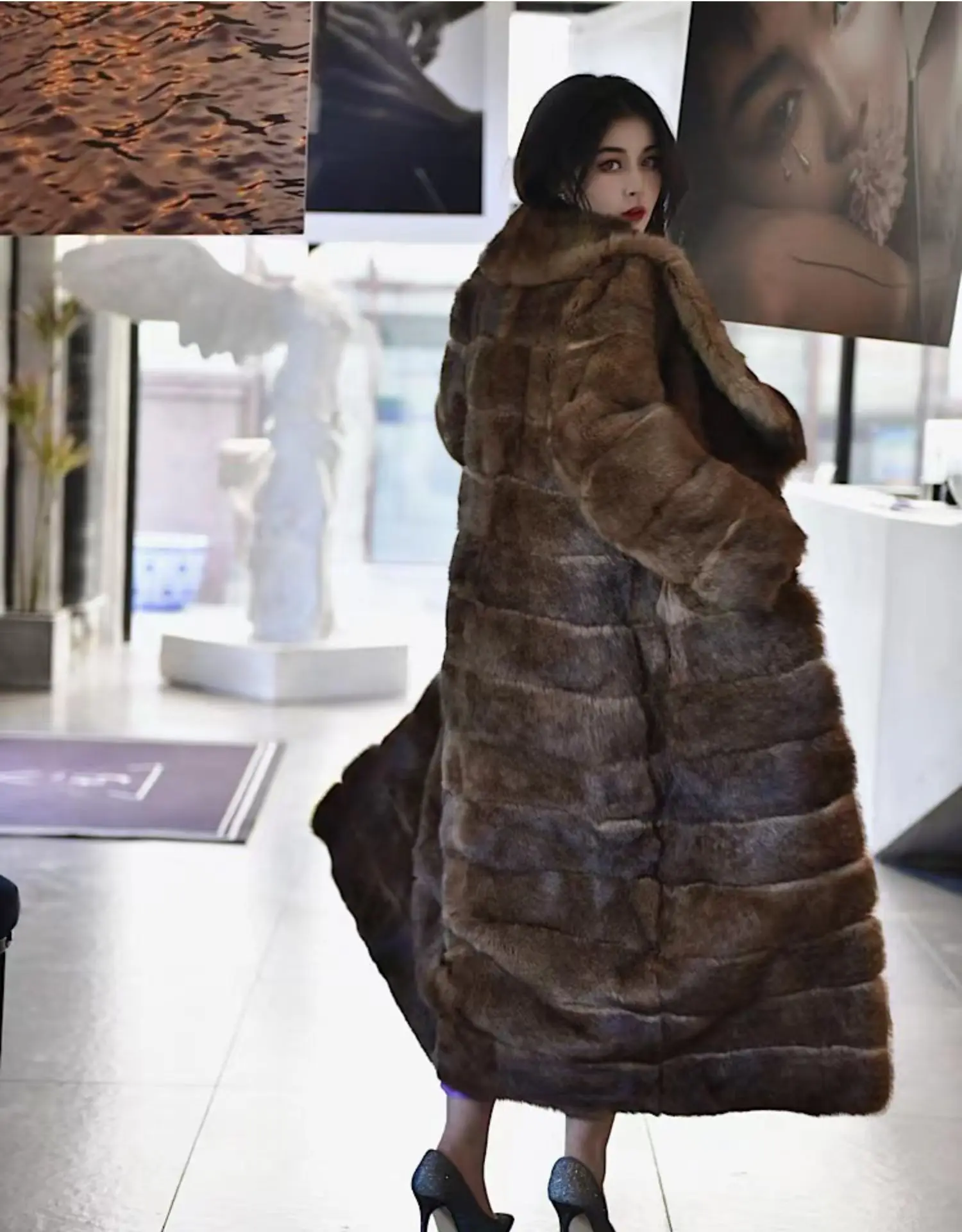 FURYOUME 2022 New Winter Real Rabbit Fur Coat Women Natural Fur Jacket X-long Full Sleeve Chinchilla Overcoat Thick Warm Mink