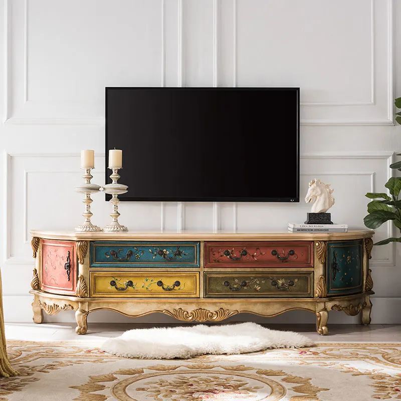 

American country solid wood TV cabinet European painted carved TV set living room audio-visual furniture combination