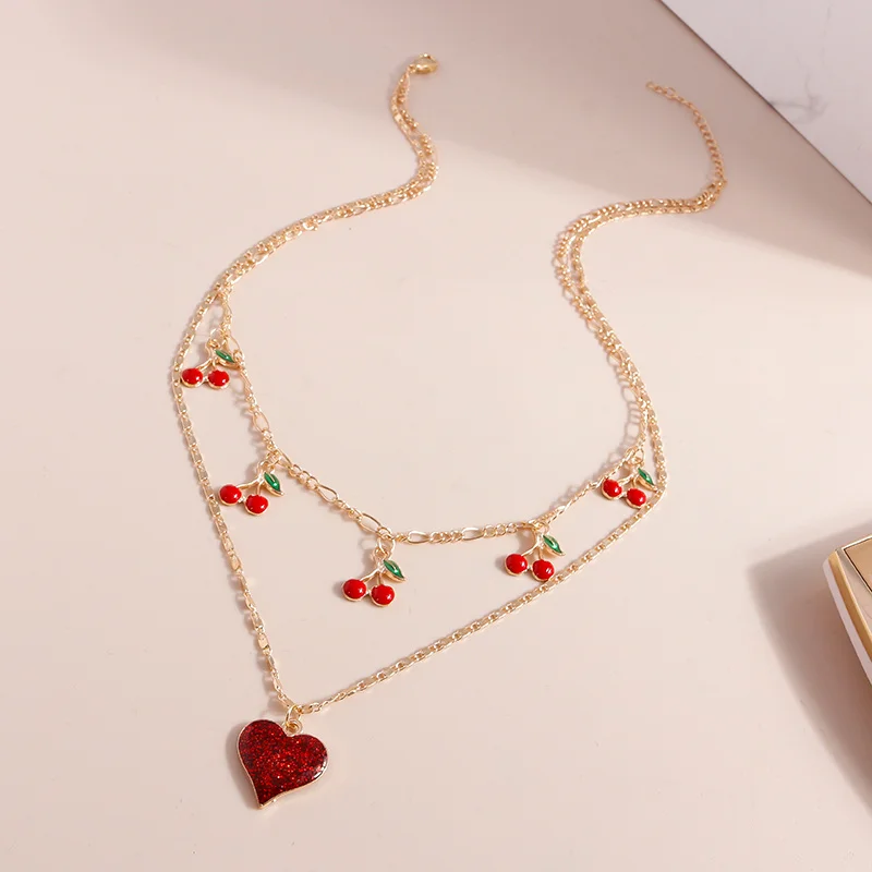 

Boho Gold Color Red Cherry Heart Necklace Girls Romantic Sweet Simple Clavicle Necklaces for Women Collar Fashion Jewelry Gifts