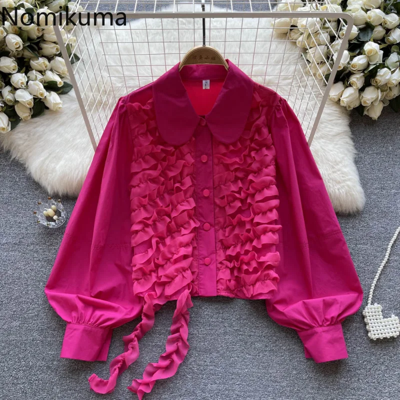 

Nomikuma Blusa Feminina Spring Autumn Doll Collar Lantern Sleeve Pleated Loose Camisas De Mujer Fashion Vintage Shirts for Women