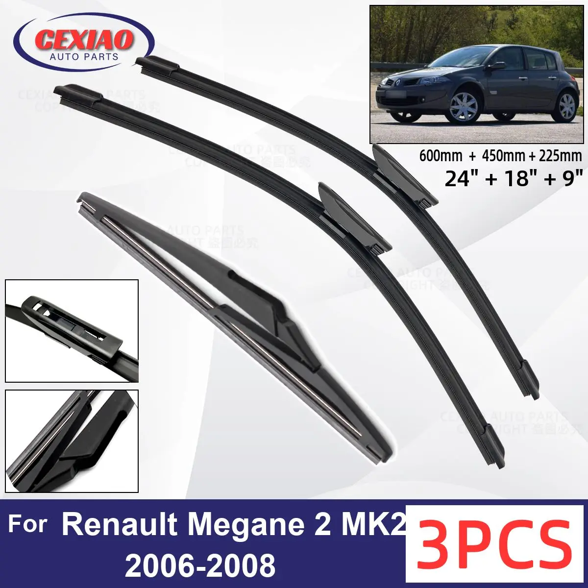 

For Renault Megane 2 MK2 2006-2008 Car Front Rear Wiper Blades Soft Rubber Windscreen Wipers Auto Windshield 24"18"9" 2006 2007