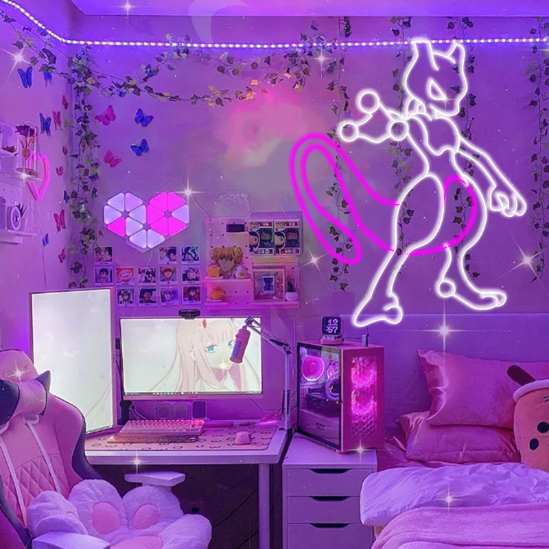 Custom Led Cute MEW Japanese Cat Anime Neon Flex Light Sign Home Room Wall Decor Kawaii Anime Bedroom Decoration Mural