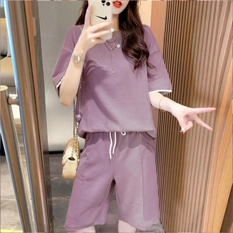 Leisure Sports Style T-shirt Set Women's 2023 Summer Korean Fashion Short Sleeve Top Split Mid pants Two Piece Set Fashion