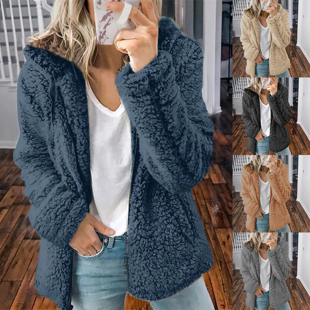 

Elegant Fluffy Hoodie Women Faux Fur Coat Autumn Winter Warm Soft Hooded Fleece Jacket Female Plush Overcoat Thick Outerwear