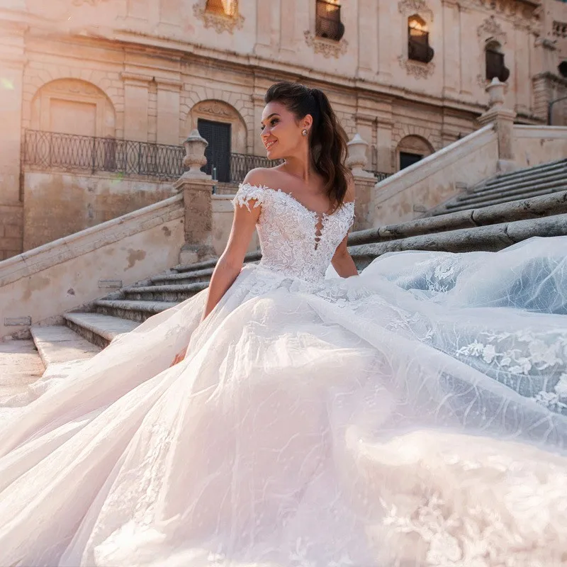 

Vestido De Noiva Off Shoulder Wedding Dresses Boat Neck Wedding Gown With Train Luxury Lace Ball Gown Robe De Mariee Real Photo