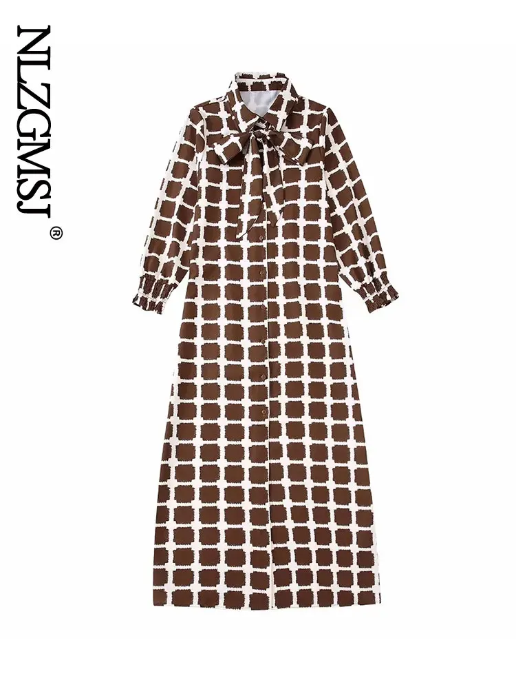 

Nlzgmsj 2022 Women Vintage Contrast Color Plaid Print Straight Midi Dress Female Bow Tie Casual Breasted Kimono Vestidos