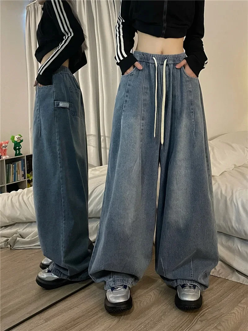 

Женские повседневные мешковатые брюки, свободные длинные брюки с широкими штанинами, американские винтажные джинсовые шаровары для пола, новинка 2023