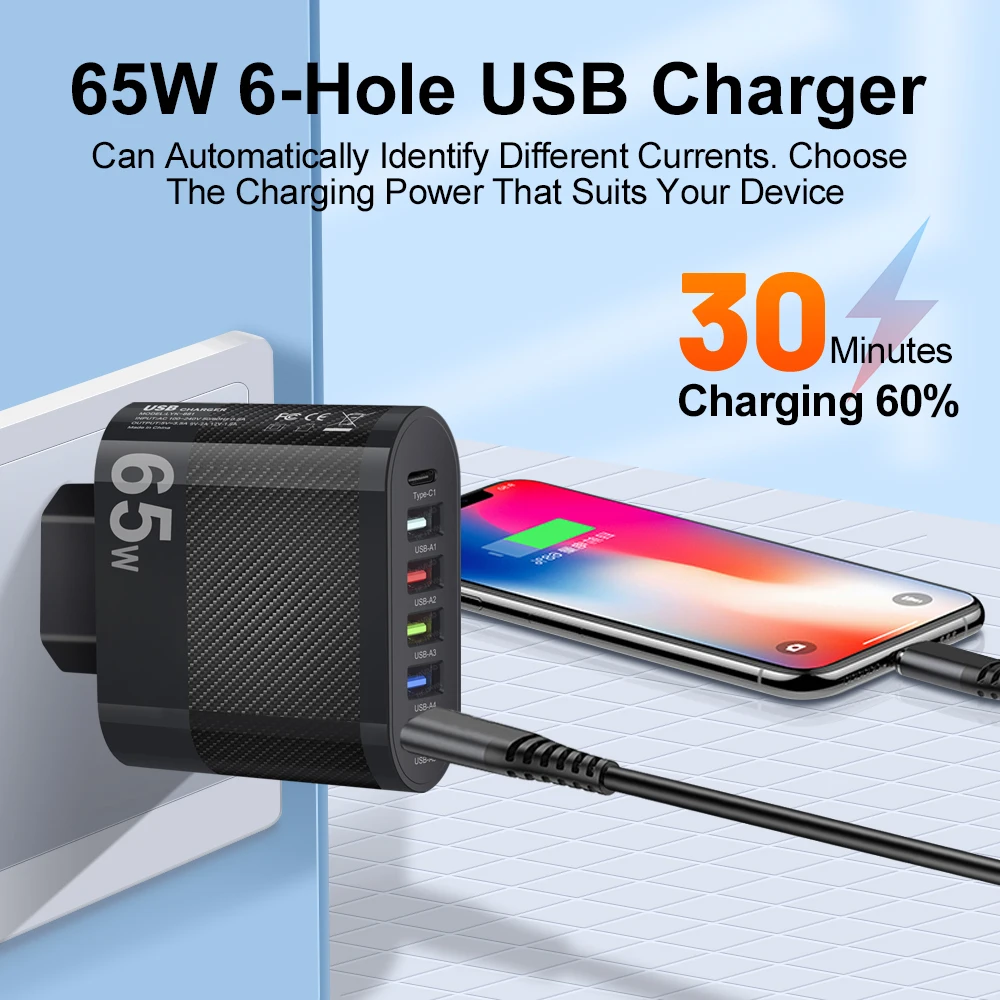 PD 65W Six Port USB Charger Quick Charging Type C Charger Fast Charger For IPhone 13 14 Pro Xiaomi Samsung Phone Charger Adaptor
