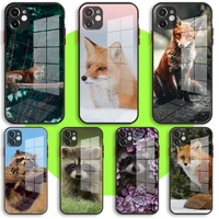 liquid tempered glass case for iphone 13 11 12 mini pro max xs xr x 7 8 6 plus se2 silicone cover protection animal raccoon fox