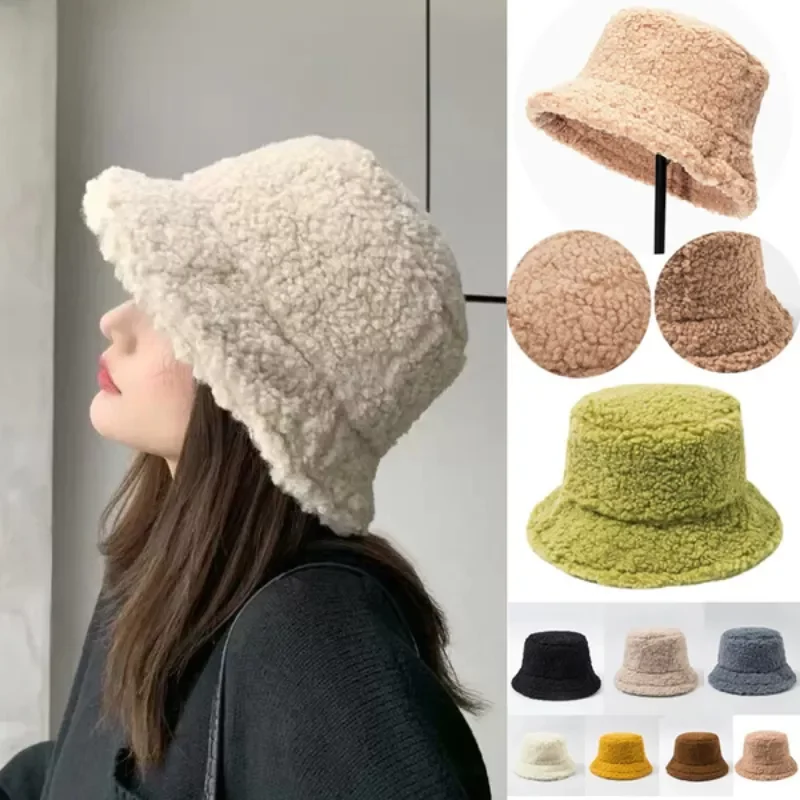 Lamb Wool Faux Fur Bucket Hat Winter Warm Teddy Velvet Hats for Women Lady Thicken Bob Panama Outdoor Fisherman Hat Caps