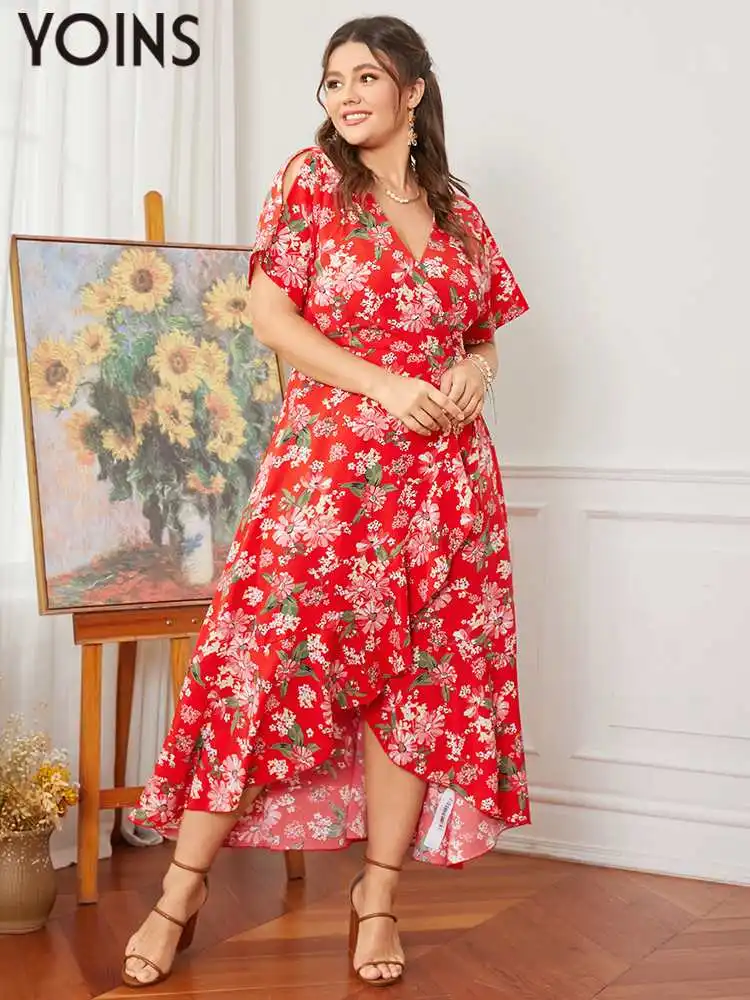 

YOINS 2023 Plus Size Dress Women Fashion Bohemian Summer Short Sleeve Side Split Sleeves Floral Print Ruffle Hem V Neck Vestidos
