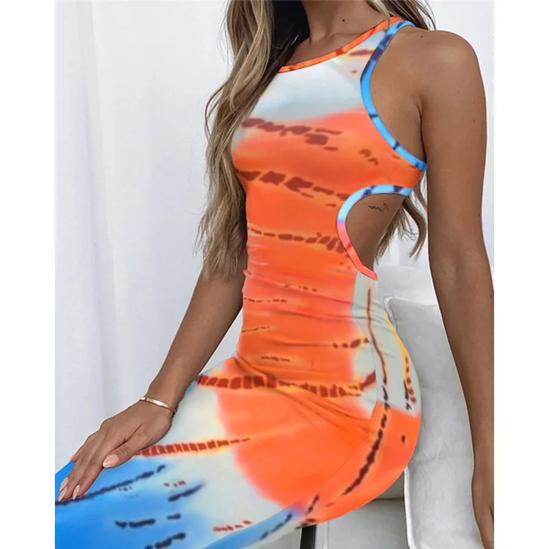 

Summer Sexy Sleeveless Dress Women Fashion Print Slim Backless Dress Women