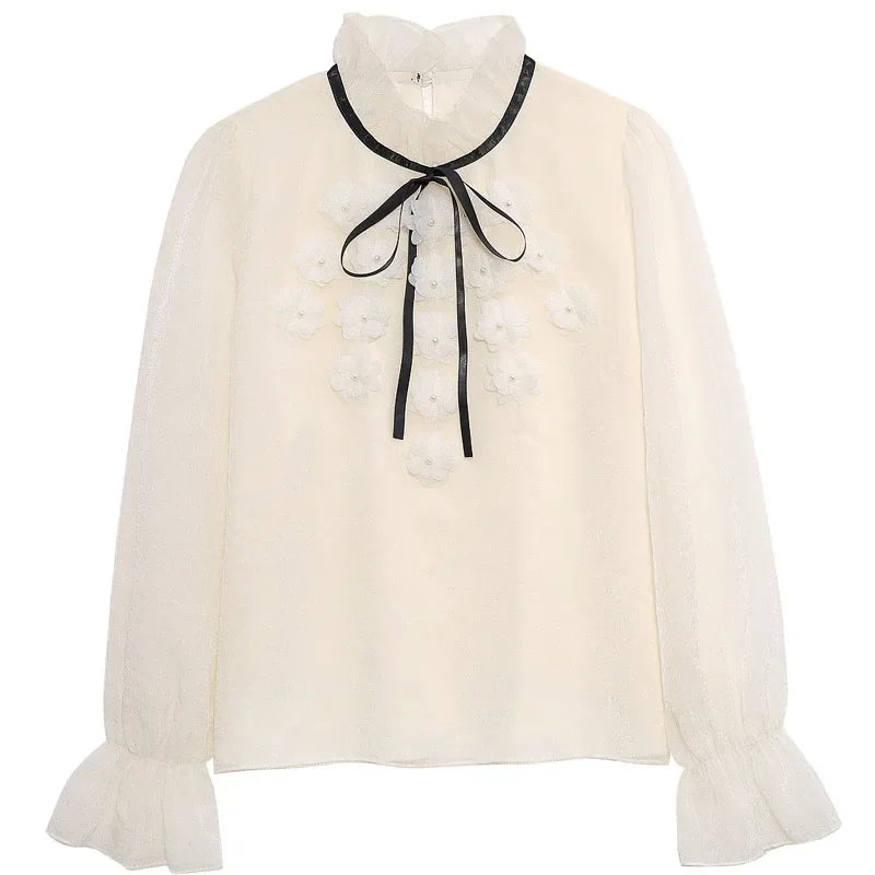 Женская шифоновая блузка с цветочным принтом и длинным рукавом на шнуровке