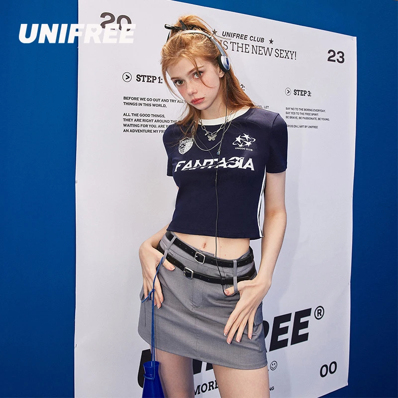 

UNIFREE Motorsport Striped Slim Women's T-shirt New 2023 Summer Fashion Crop Top Female T-shirt Streetwear Sexy Short Sleeve