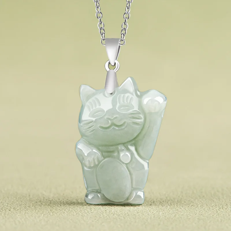 

Natural Myanmar A Jade Wealth Cat Light Green Jadeite Pendant S925 Silver Inlaid Fashion Cute Women's Jewelry Drop Shipping