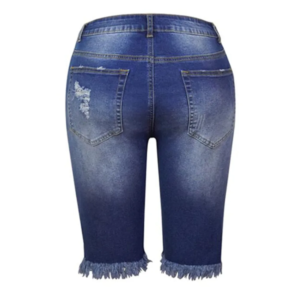 Solid Knee-length Denim Shorts Women Boyfriend Casual High Waist Ripped Wide Leg Shorts Jeans Summer 2023