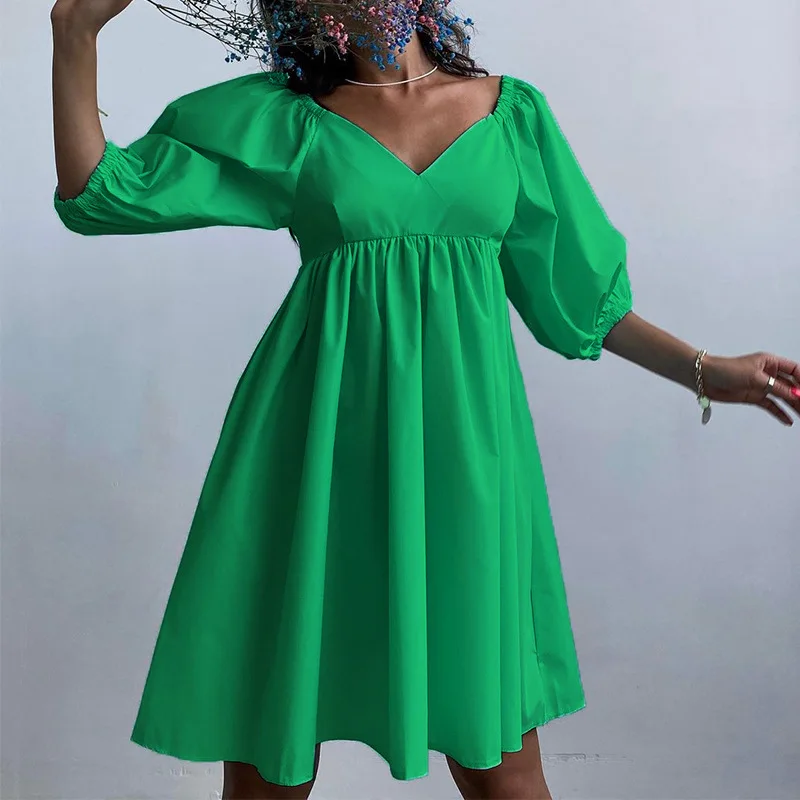 

Женское Хлопковое платье с V-образным вырезом и рукавами-фонариками