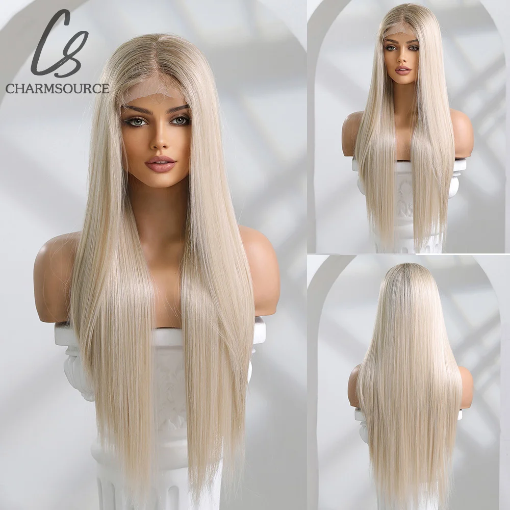 

CharmSource Lace Front Wig Long Straight Blonde Wigs for Women Daily Party Cosplay Wedding High Density
