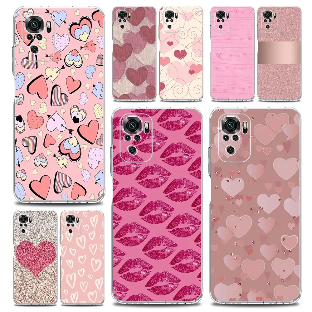 

Gold Pink Rose Glitter Hearts Clear Phone Case For Xiaomi Redmi Note 12 5G 9S 9 8 10 11 Pro+ 9T 8T 10C 9C 9A 7 Pro Soft Cover