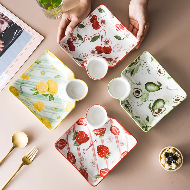 

Креативные обеденные тарелки, ручная роспись, искусственная посуда с уксусом, мультяшная квадратная керамическая многофункциональная дом...