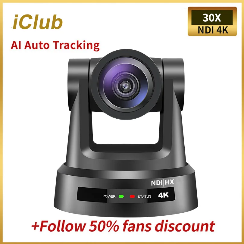 

iclub AI auto Tracking NDI 4K 30X Optical Zoom PTZ Camera with SDI+HDMI+LAN+USB3.0+POE Live Streaming vMix for Studio Church