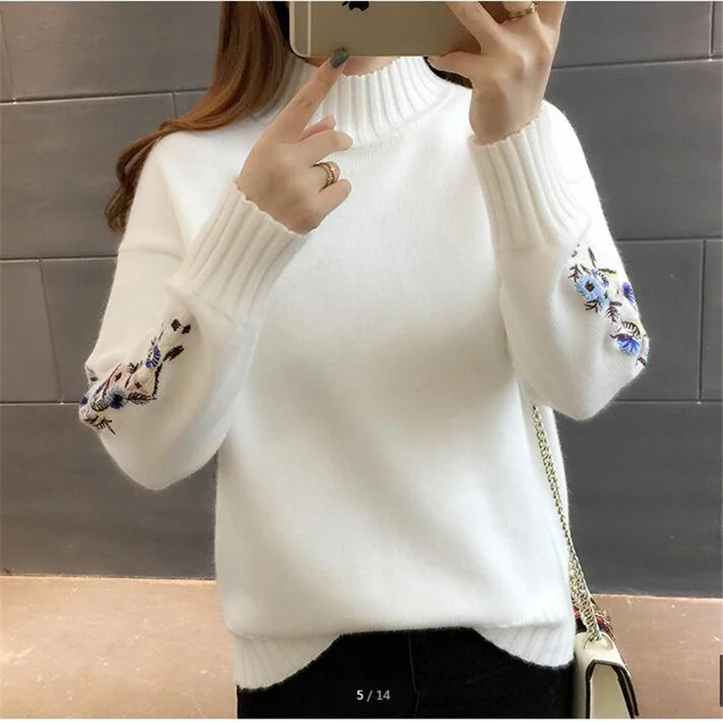 

Turtleneck sweater women top woman long sleeve warm sweaters Embroidered Knitted pullover High quality women fashion