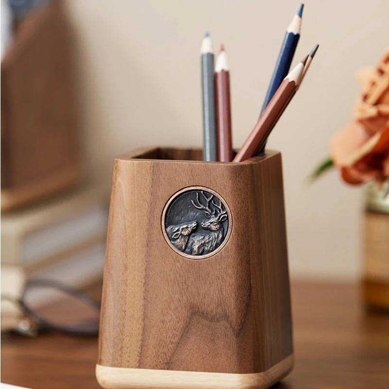 

Black walnut solid wood pen holder Nordic Light luxury office desktop stationery storage box wooden pen holder