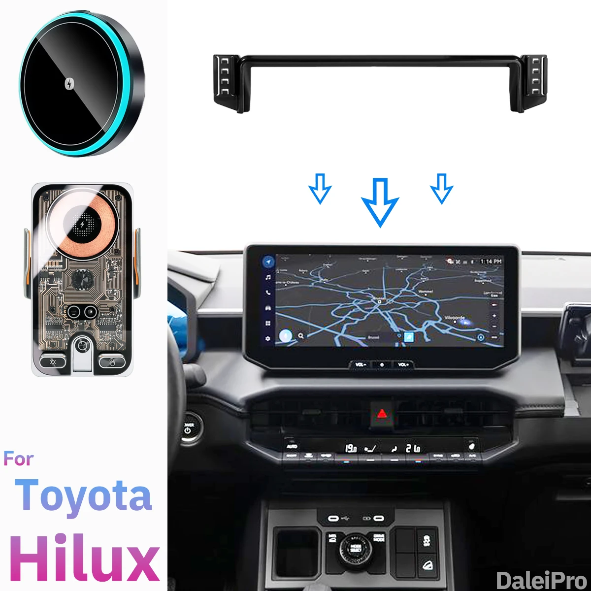 Фото Для Toyota Hilux 2026-2027: Двойное крепление для телефона с беспроводной зарядкой Qi, держатель для телефона 2-в-1, автомобильная подставка для телефона, зарядное устройство для телефона (для праворульных и леворульных авто) №2
