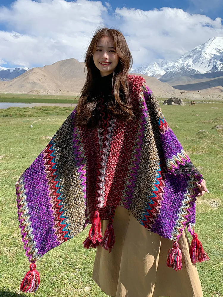 Qinghai Lake Desert Ancient City Ethnic Wind Warm Women's Cape Coat/Scarf