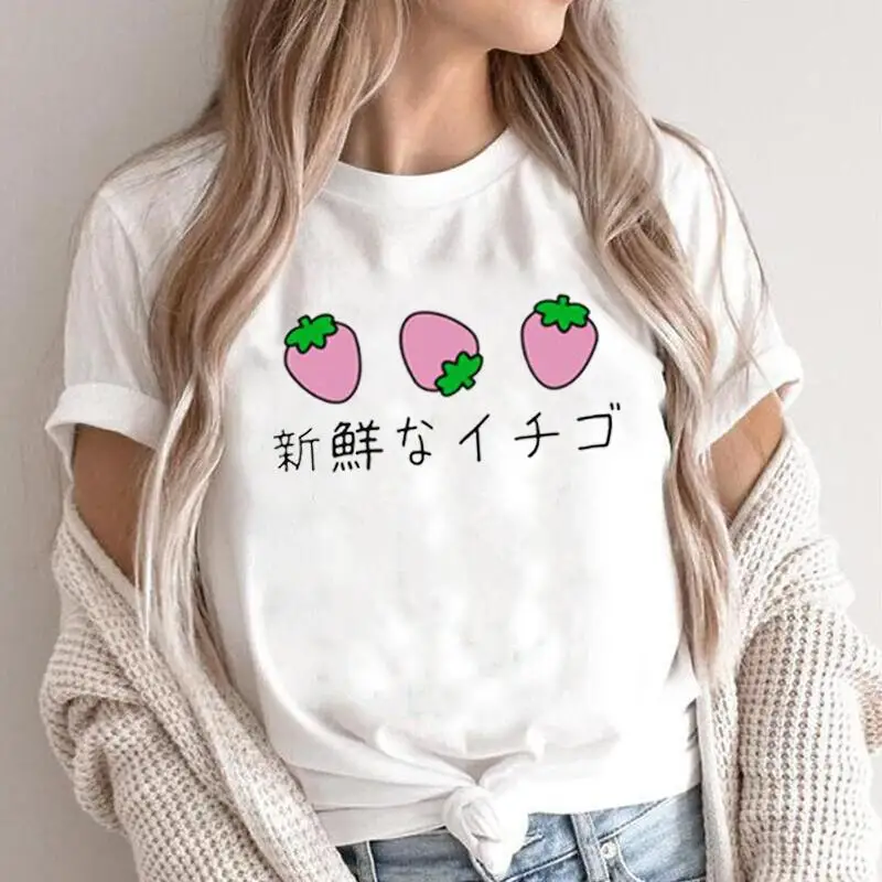 

Funny Fresh Strawberries Japanese Aesthetic T Shirt Women Top Summer Fashion Tee Shirt Femme Casual Harajuku Shirt T-shirt Femme