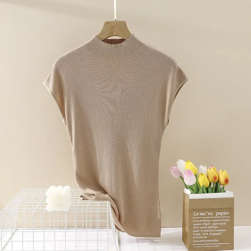 Шелковый вязаный топ с высоким воротником из пряжи универсальный белый