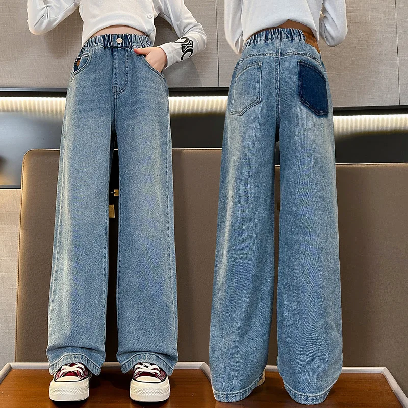 

Teen Girls High Waist Wide-leg Jeans Summer Loose Soft Denim Pants Spring Fall Fashion Trousers Students 10 12 13 14 15 years
