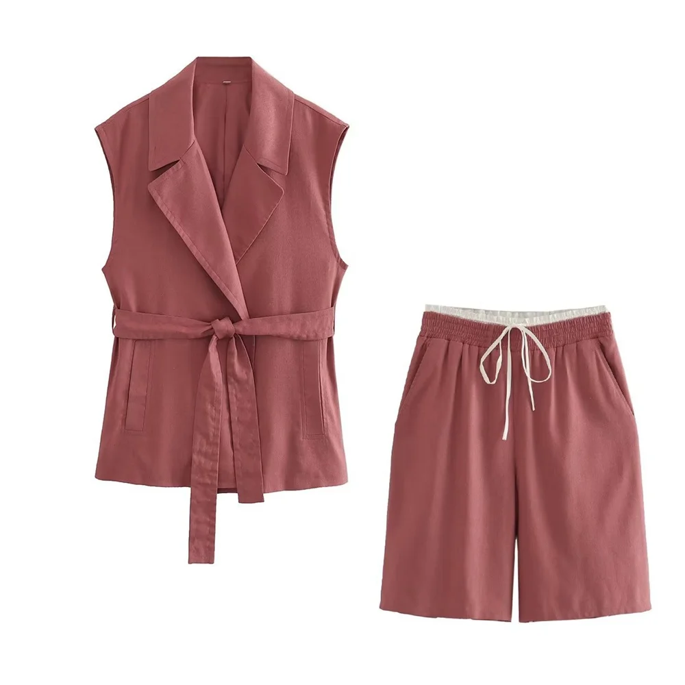 Women with Belt Sleeveless Blazer Vest and Side Pockets Shorts Elegant Office Lady Loose Lapel Collar Vest Tops Shorts Suit