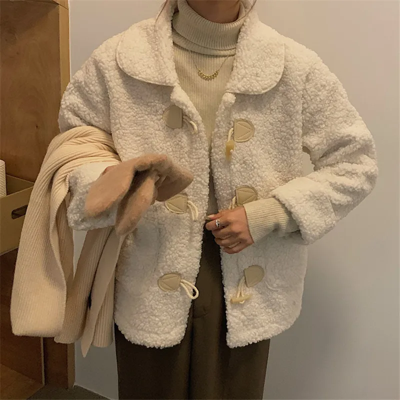 Kawaii New Autumn Winter Faux Lambwool Coat Women Solid Horn Button Fur Jacket Fashion Loose Lapel Thick Warm Plush Coats White