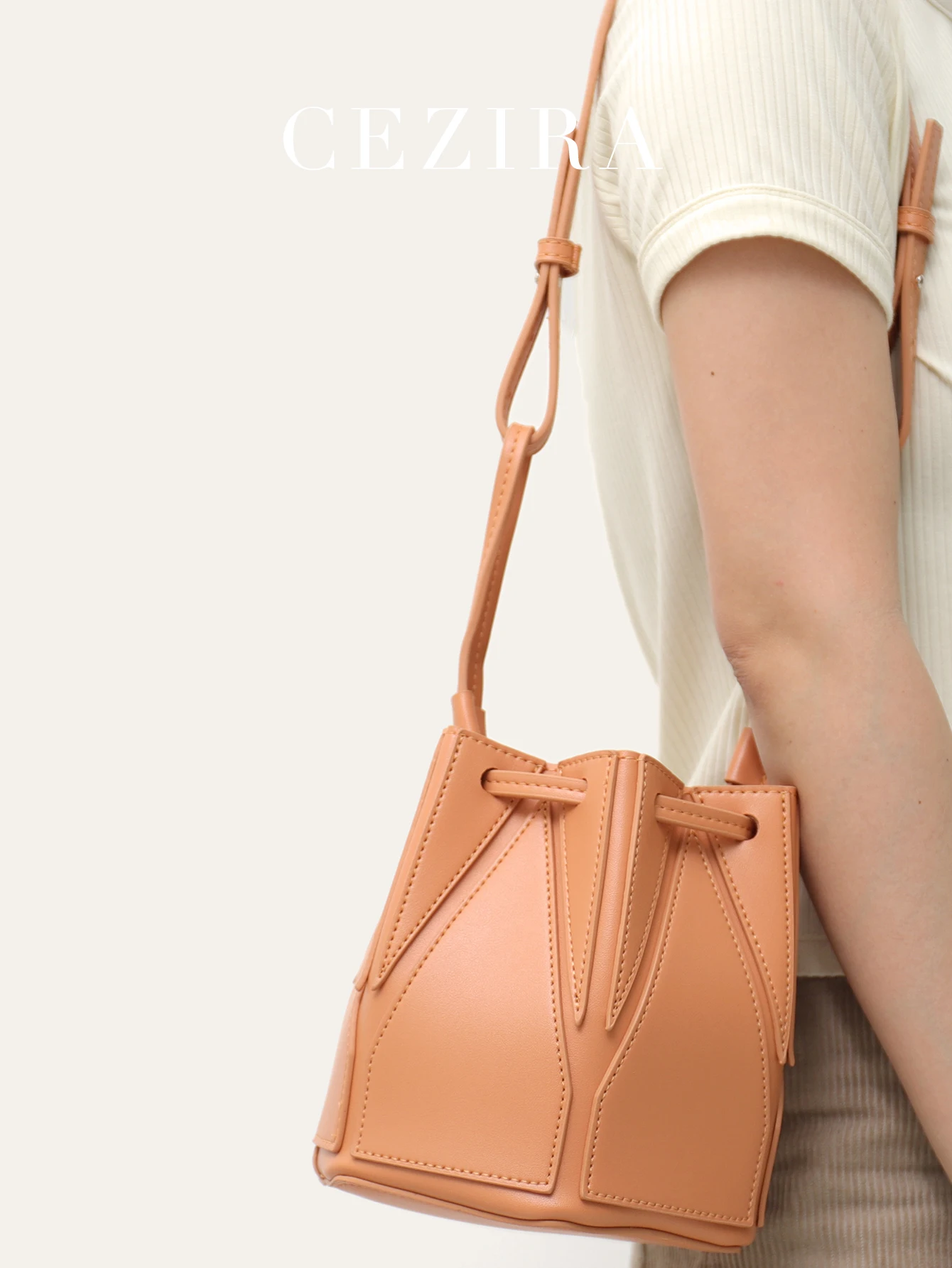 CEZIRA Female Luxury Designer Drawstring Bucket PU Vegan Leather Fashion Sling Casual Patchwork Shoulder Bags Cross Body Purse